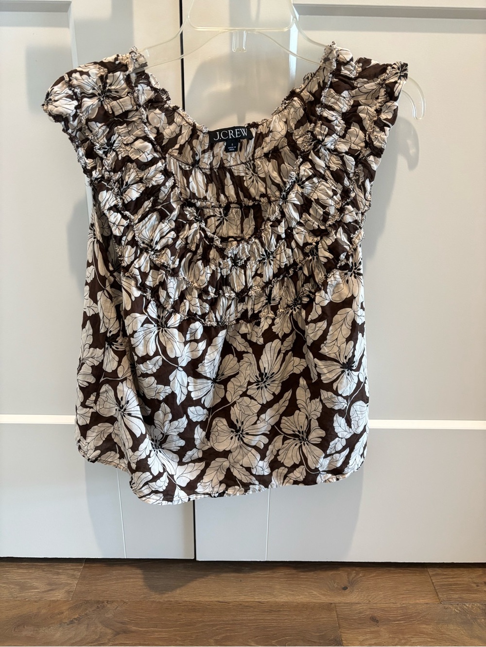 J. Crew Brown and White Floral Ruffle Smocked Camisole